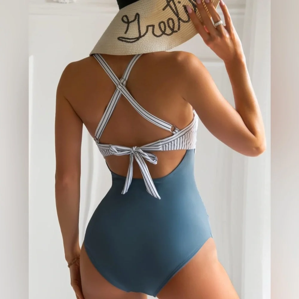 SOLD Women's One Piece Bathing Swimsuit Cutout High Waisted Tie Back Size L - Picture 3 of 12
